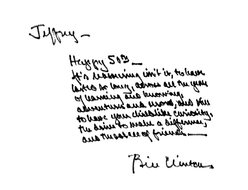 A note in Jeffrey Epstein's 50th birthday book that appears to have been signed by former President Bill Clinton