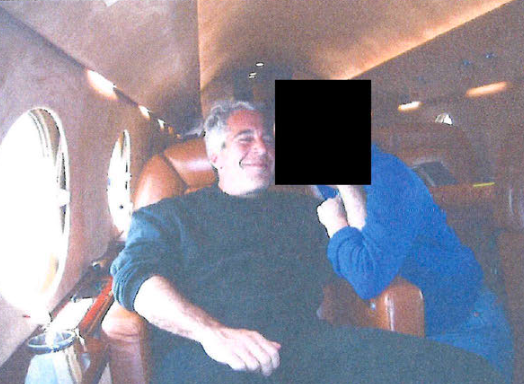 Epstein poses with an unknown person on a private jet. The photo appears in the 'girl-friends' section of the book