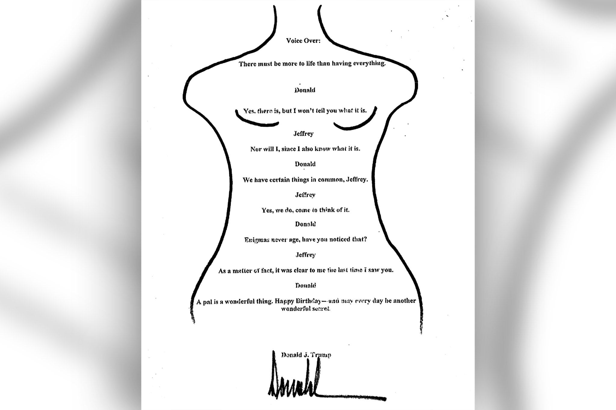The drawing sent to Jeffrey Epstein bearing Donald Trump’s signature, which the president has vehemently denied making