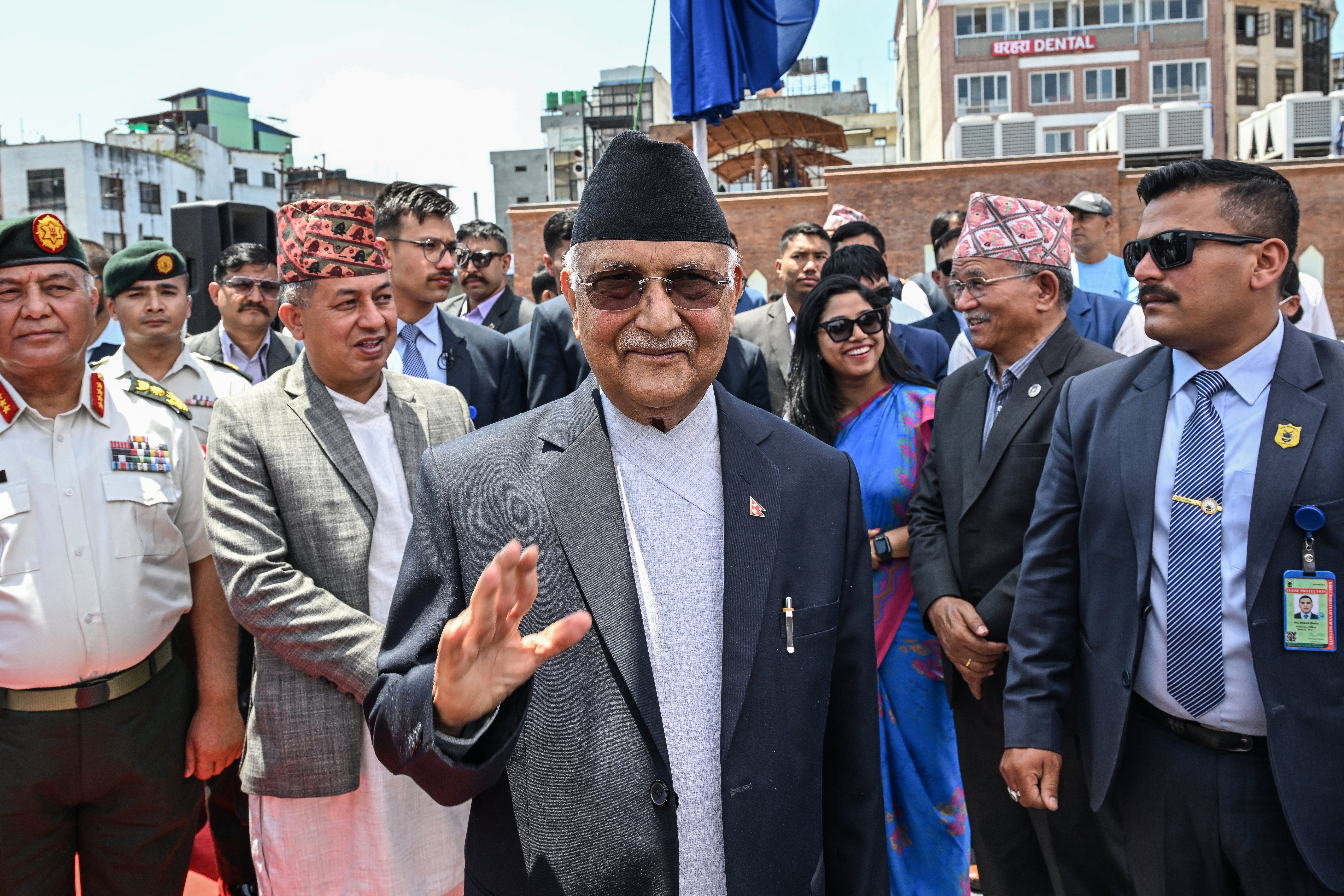 File: Nepal’s prime minister KP Sharma Oli arrives to pay homage to victims of the 2015 earthquake, marking its 10th anniversary in Kathmandu on 25 April 2025