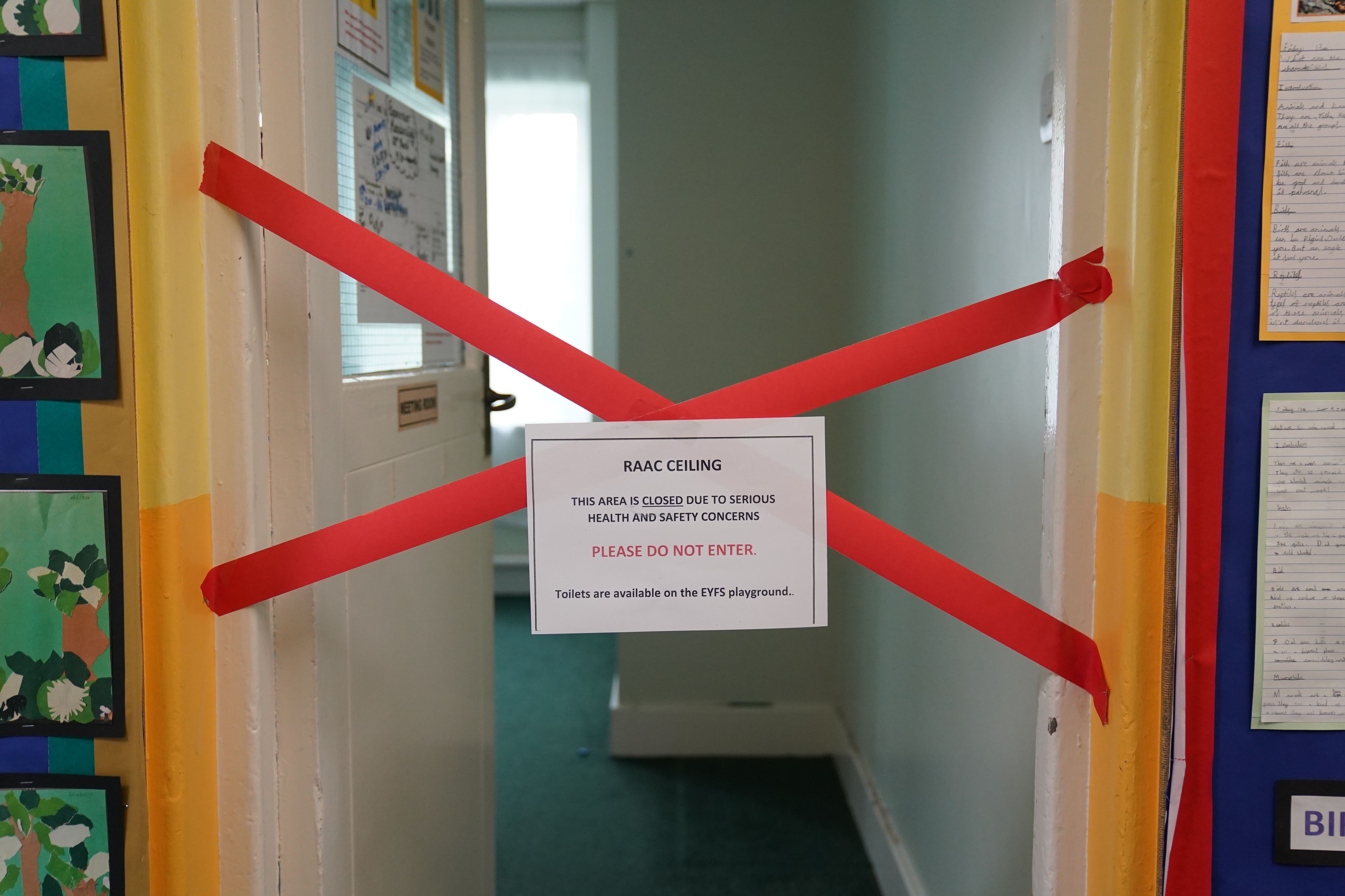 A taped off section inside Parks Primary School in Leicester which was affected with sub standard reinforced autoclaved aerated concrete (Raac) in 2023 (PA)
