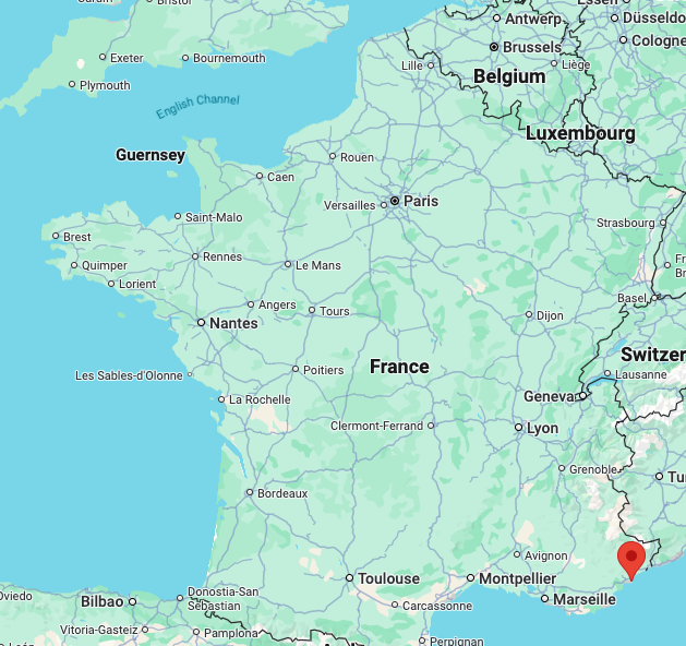 Antibes is located between Cannes and Nice on the South Eastern coast of France (Google Maps)