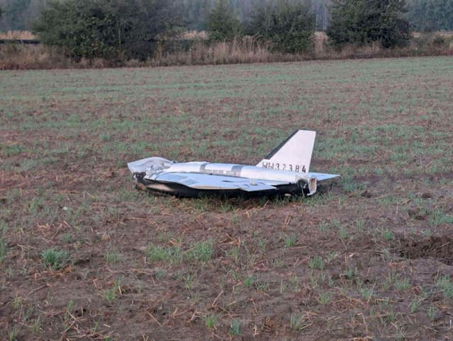 <p>A damaged drone lies after falling in the eastern Polish village of Czosnowka</p>