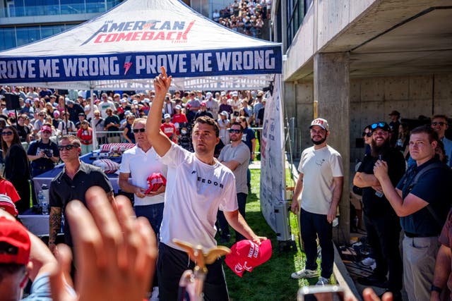 Charlie Kirk speaking at Utah Valley University before the shooting