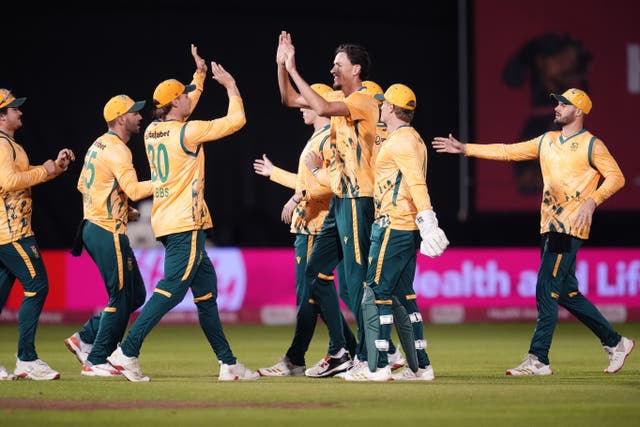 South Africa’s Marco Jansen (centre) celebrates taking the wicket of England’s Jacob Bethell during the first International T20 match in Cardiff (Nick Potts/PA)