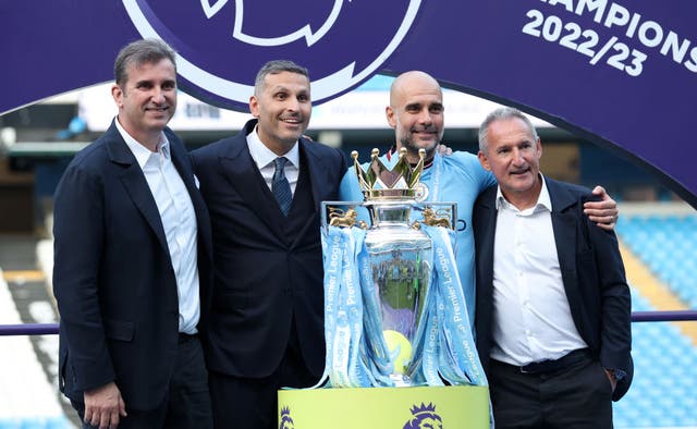 <p>Txiki Begiristain (right) has overseen all 18 trophies won during Pep Guardiola’s reign at Man City</p>