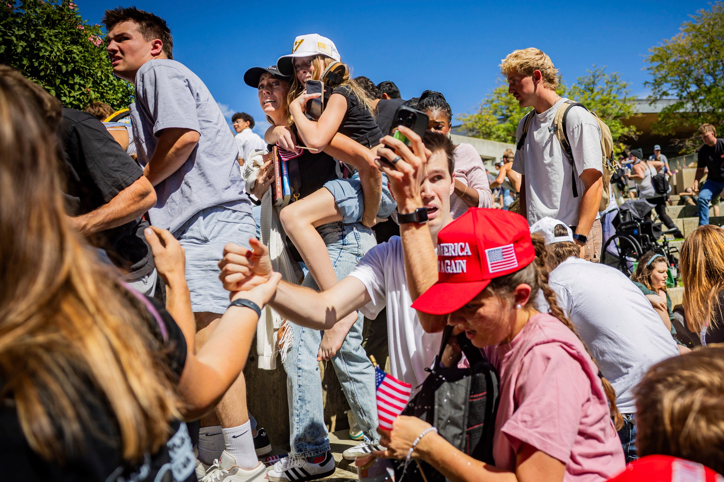 The crowd reacts after Charlie Kirk, the CEO and co-founder of the conservative youth organization Turning Point USA, is shot at the Utah Valley University Wednesday, 10 September 2025, in Orem, Utah