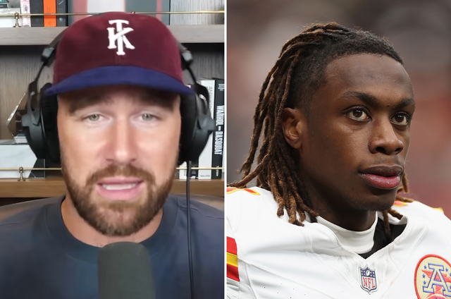 <p>Kansas City Chiefs star Travis Kelce collided with teammate Xavier Worthy (right) during their first game of the season against the Los Angeles Chargers </p>