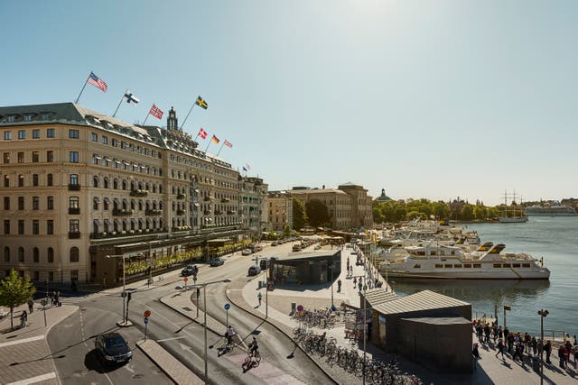 <p>Stockholm’s Grand Hotel looks out over the water in the Strömkajen harbour</p>