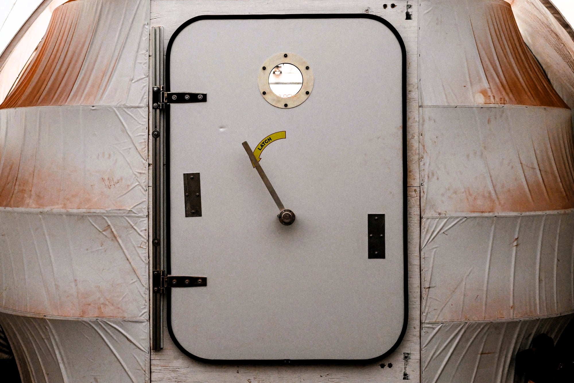 A door at the simulated Mars exterior portion of Nasa's 3D printed habitat designed to serve as an analog for one-year mission at the Johnson Space Center in Houston, Texas, on 22 August, 2025