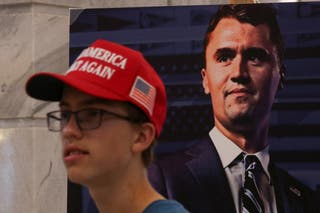A mourner wearing a MAGA cap at the Utah vigil for Kirk