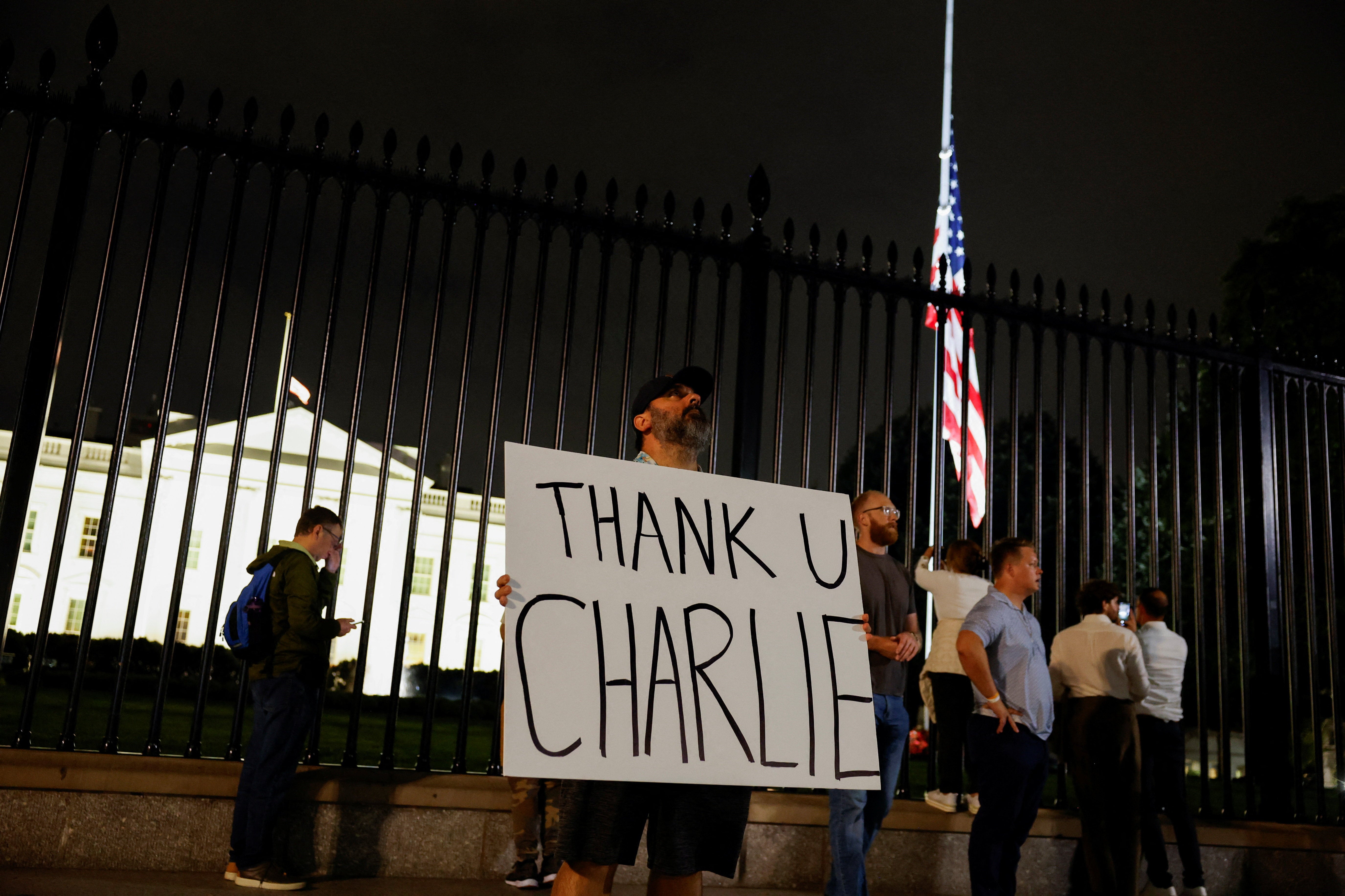 Marc Jenkins holds a placard that says ‘Thank u, Charlie’ outside the White House after U.S. right-wing activist, commentator, Charlie Kirk, an ally of U.S. President Donald Trump, was shot dead in Utah, in Washington, D.C., U.S., 10 September 2025