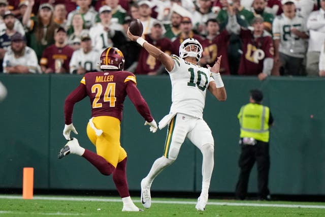 Green Bay Packers quarterback Jordan Love (10) throws under pressure from Washington Commanders outside linebacker Von Miller (24) (Morry Gash/AP)