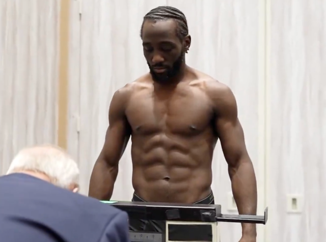 <p>Terence Crawford weighing in for his super-middleweight debut, against Canelo Alvarez</p>