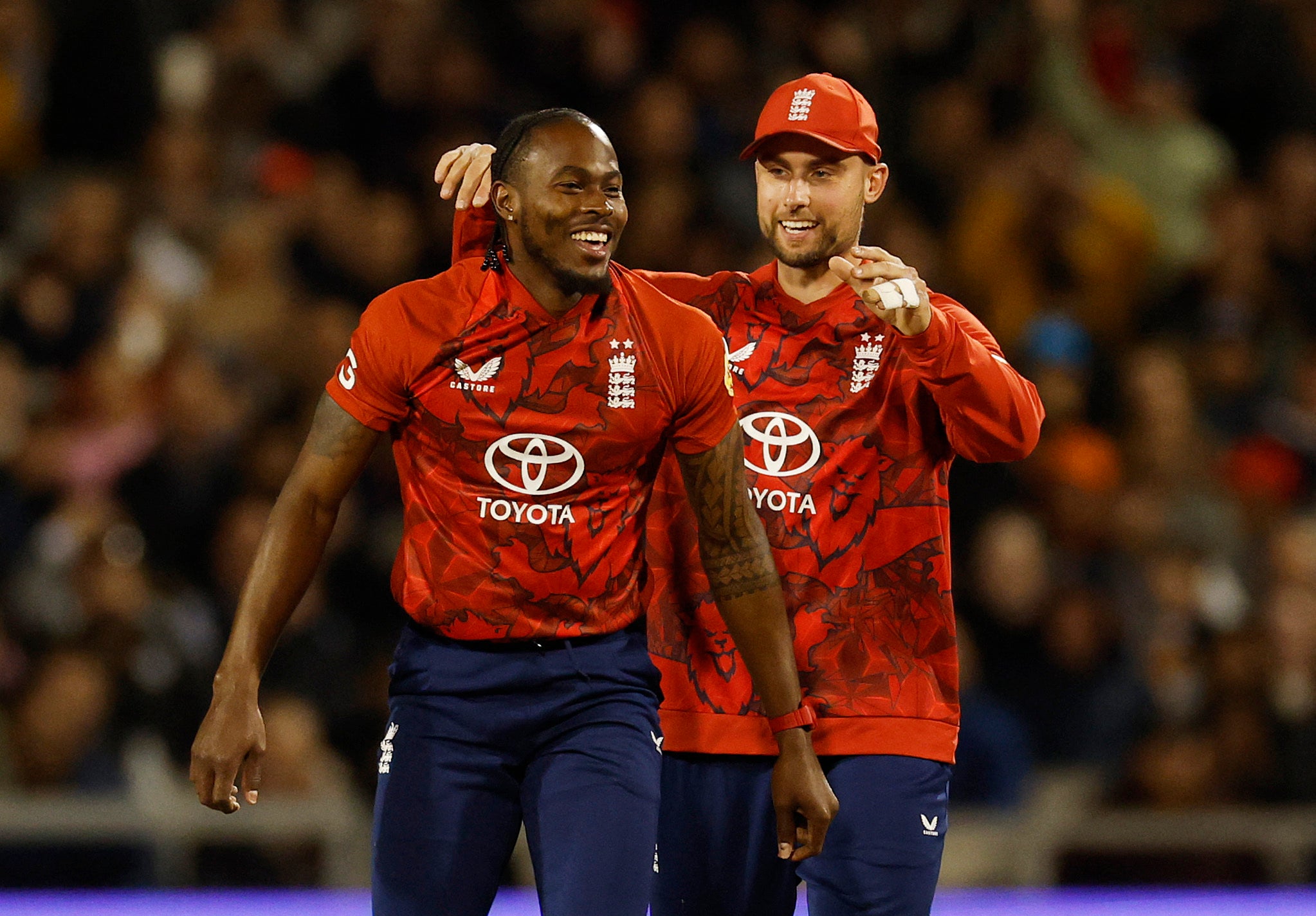 England's Jofra Archer celebrates after taking the wicket of Marco Jansen