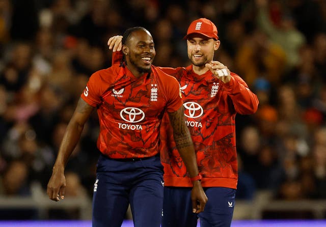 <p>England's Jofra Archer celebrates after taking the wicket of Marco Jansen</p>