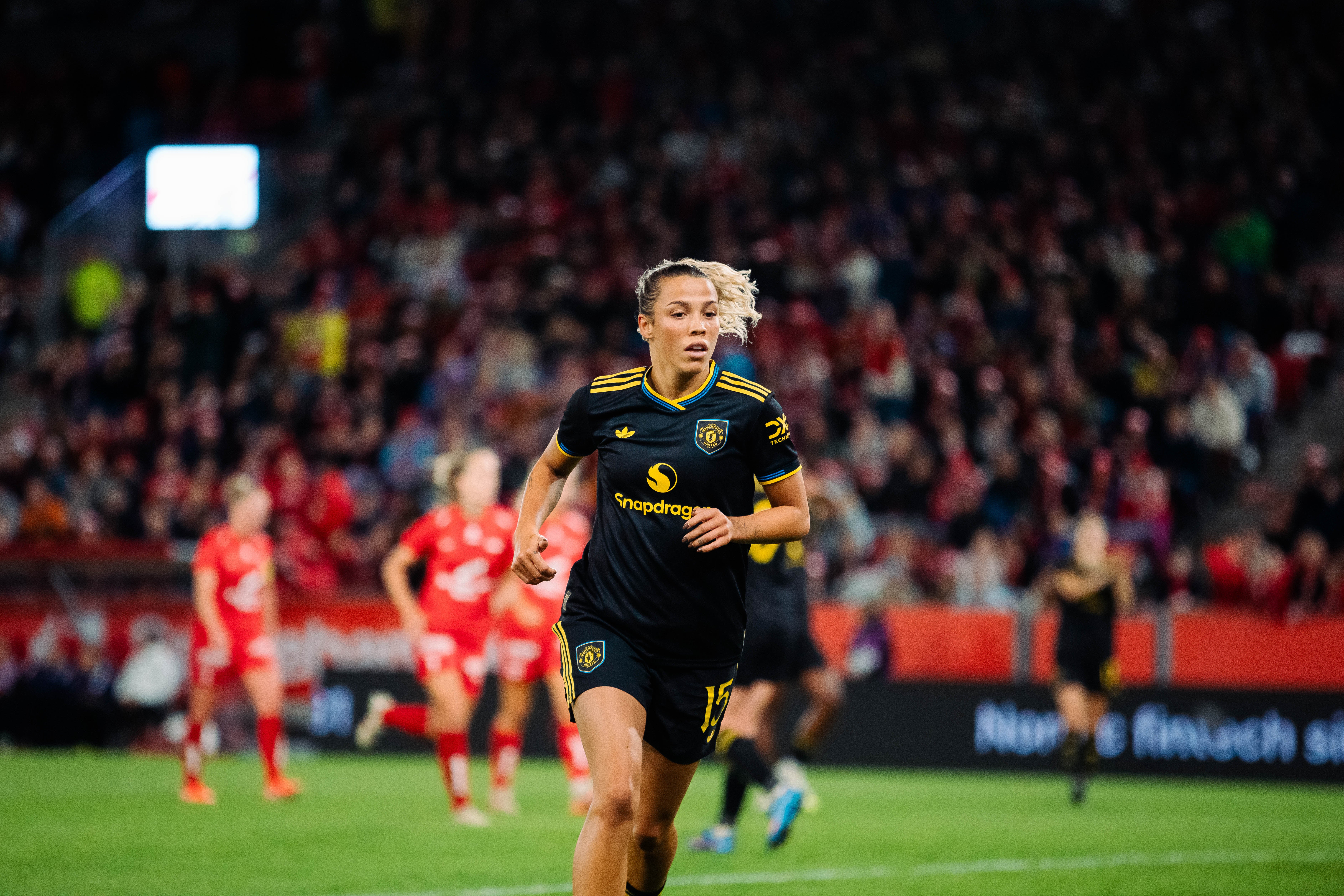 <p>Celin Bizet Donnum of Manchester United in action during the UEFA Women's Champions League Third Qualifying Round match between Brann & Manchester United</p>