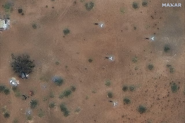 <p>A satellite image shows long-range 'suicide' drones and launching gear north of the airport in Nyala, Sudan, May 6, 2025</p>