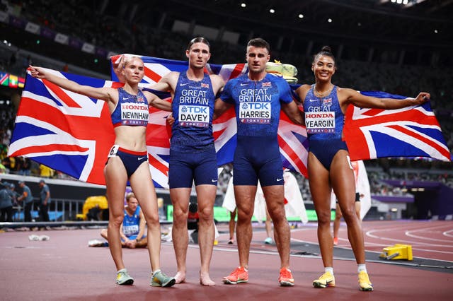 <p>Britain’s Lewis Davey, Emily Newnham, Toby Harries and Nicole Yeargin celebrate after the mixed 4 x 400m Relay final </p>
