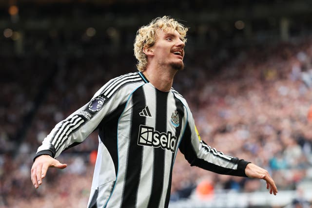 <p>Nick Woltemade celebrates his first Newcastle goal in the win over Wolves</p>