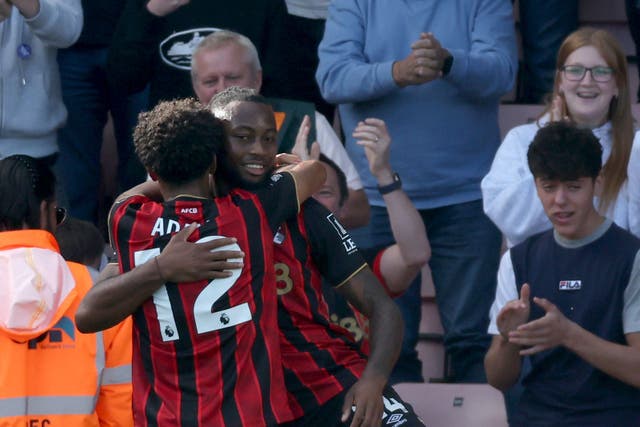 Bournemouth’s Antoine Semenyo, right, celebrates with Tyler Adams (PA)