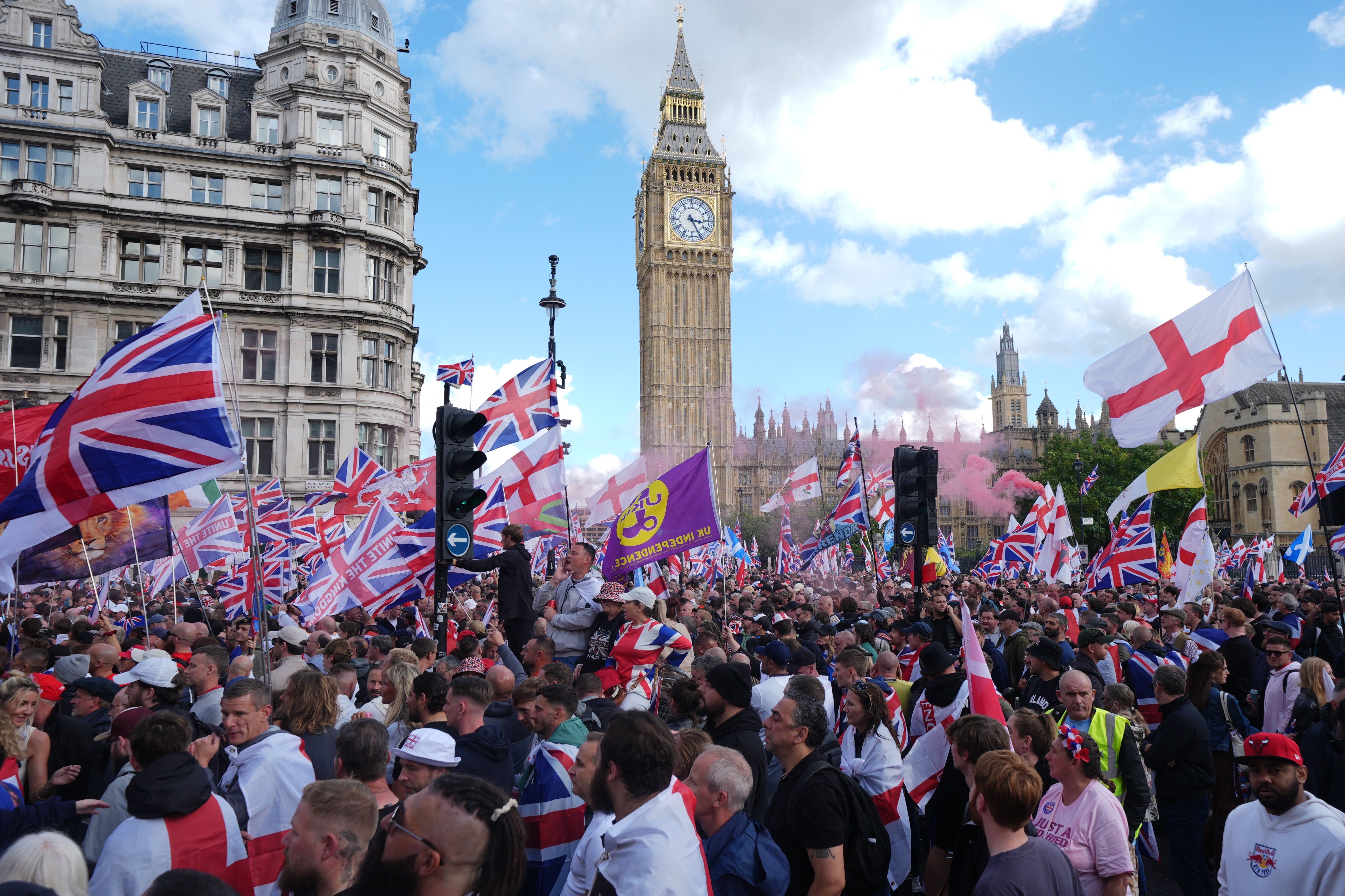 Around 110,000 people were estimated by police to have gathered in Whitehall for the ‘Unite the Kingdom’ event spearheaded by Robinson