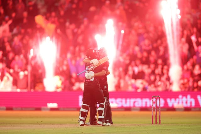 Somerset’s Lewis Gregory and Sean Dickson celebrate their Vitality Blast final win against Hampshire at Edgbaston (Nigel French/PA)