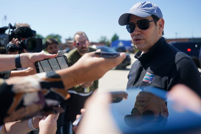 <p>Secretary of State Marco Rubio speaks with members of the media before departing for Israel</p>