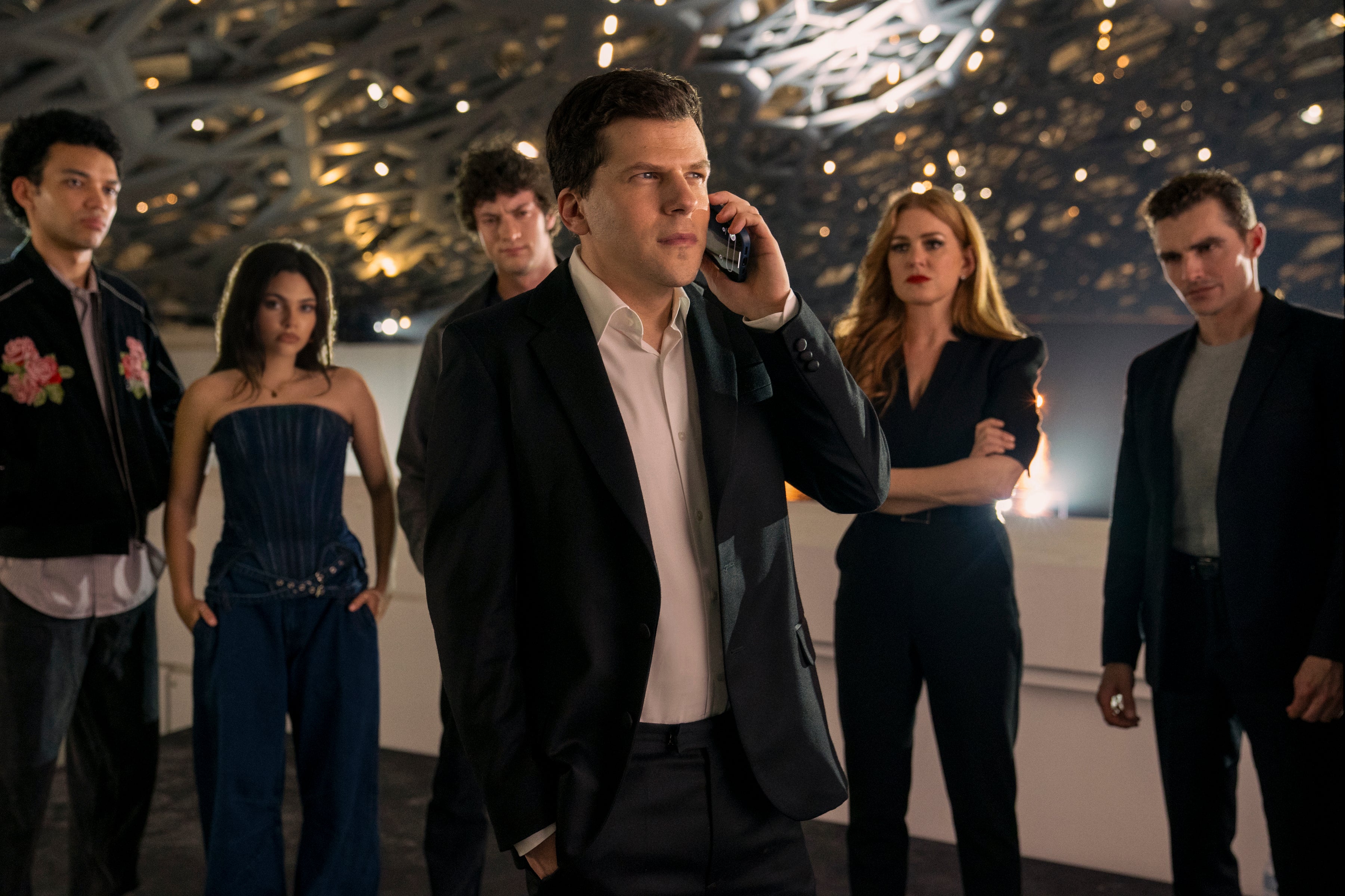 Dominic Sessa, Jesse Eisenberg, and Isla Fisher in 'Now You See Me: Now You Don't'