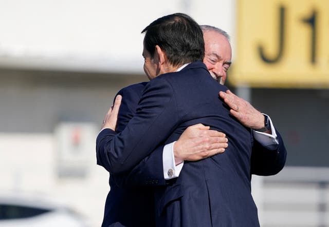<p>US Secretary of State Marco Rubio is greeted upon arrival by US Ambassador to Israel Mike Huckabee, at Ben Gurion International Airport</p>