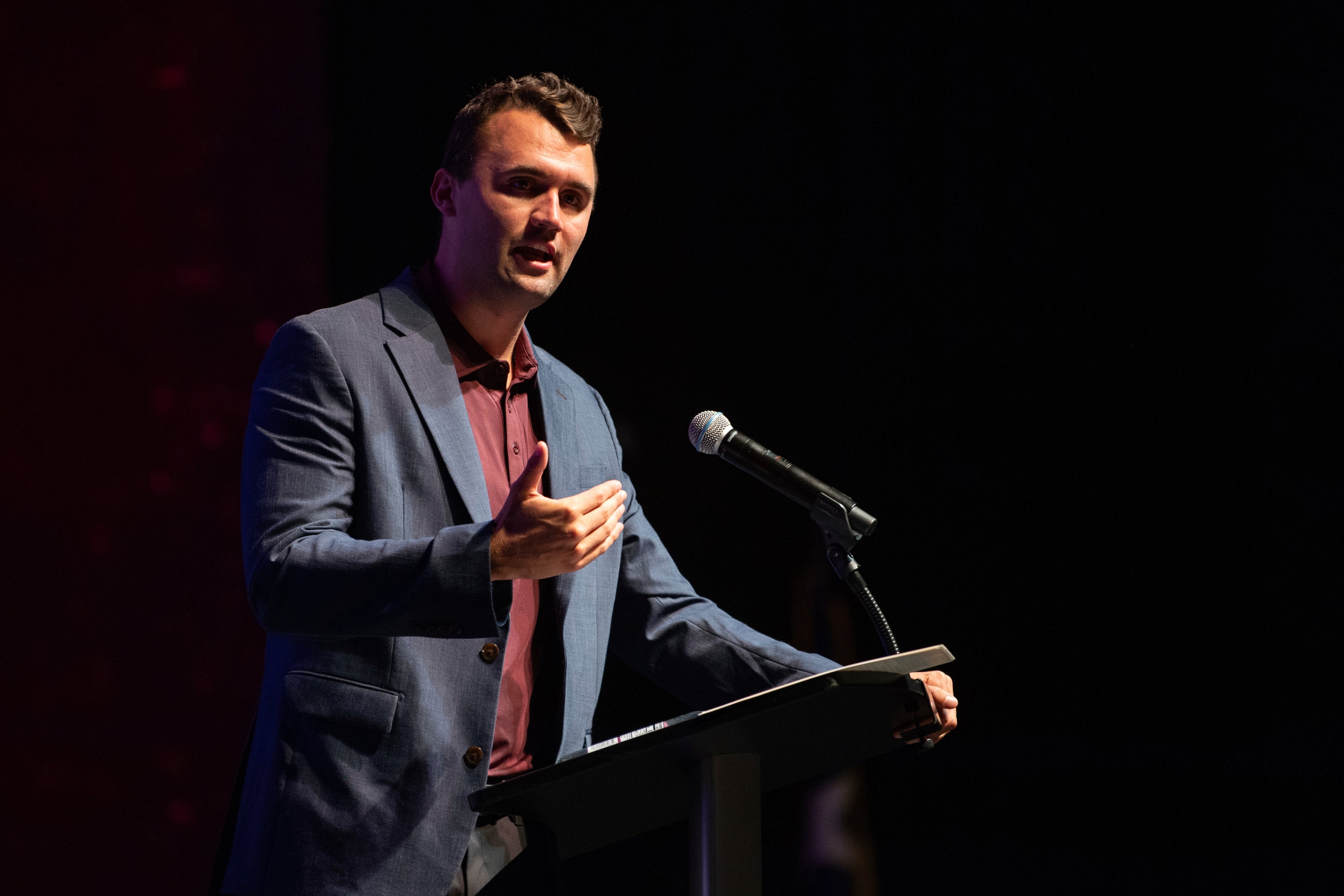 Charlie Kirk speaks at Texas A&M University as part of Turning Point USA's American Comeback Tour, April 22, 2025, in College Station, Texas. (Meredith Seaver/College Station Eagle via AP, File)