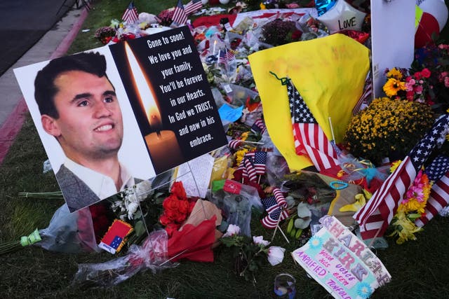 <p>A memorial for Turning Point USA chief executive and co-founder Charlie Kirk is seen at Utah Valley University (Lindsey Wasson/AP photo)</p>
