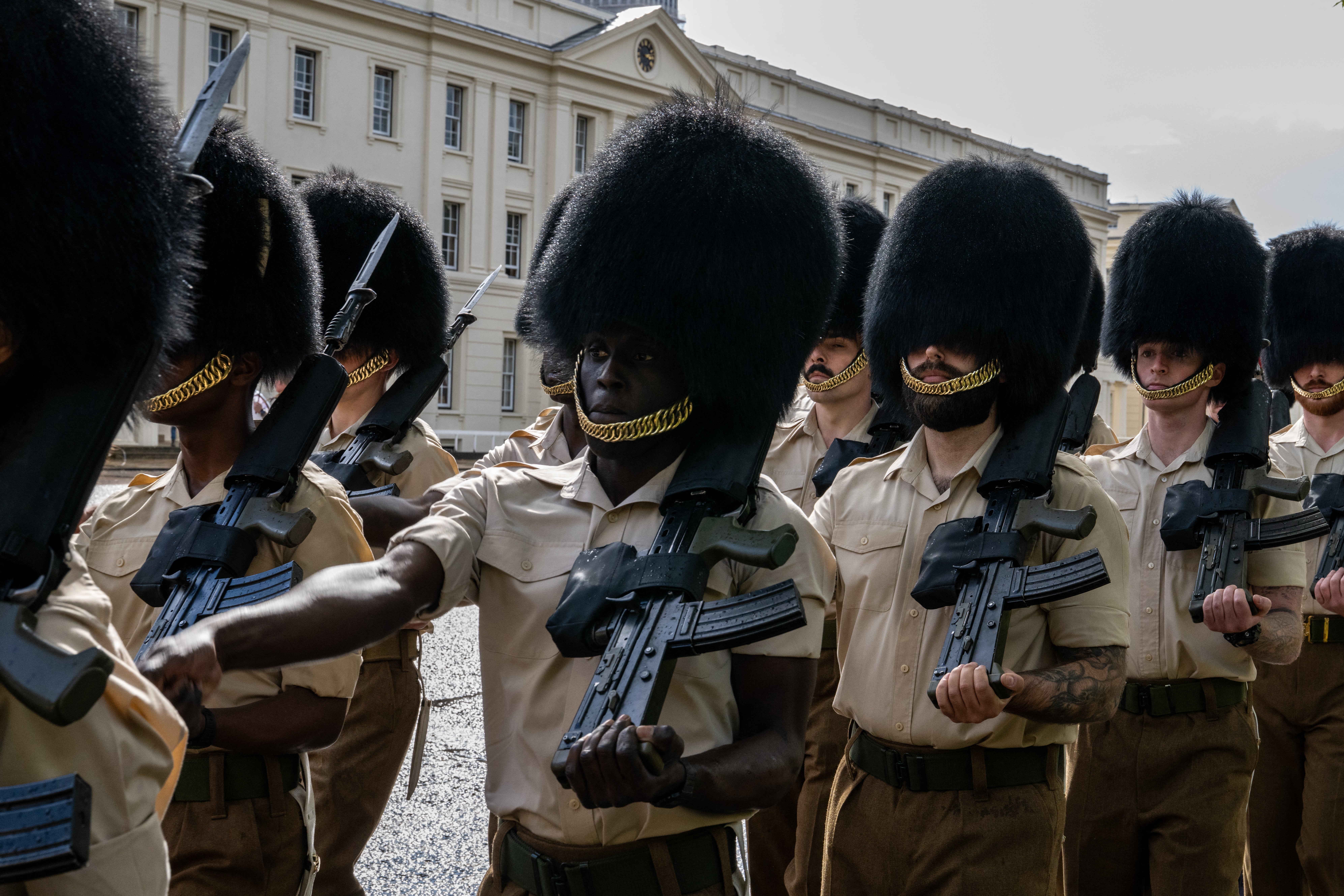 Military personnel take part in a Guard of Honour rehearsal session, ahead of a state visit by US President Donald Trump and First Lady Melania Trump, at Wellington Barracks in Windsor