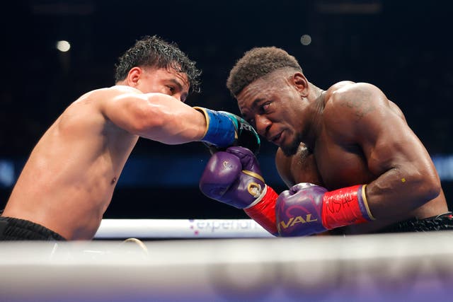 <p>Christian Mbilli (right) and Lester Martinez produced a thrilling encounter</p>