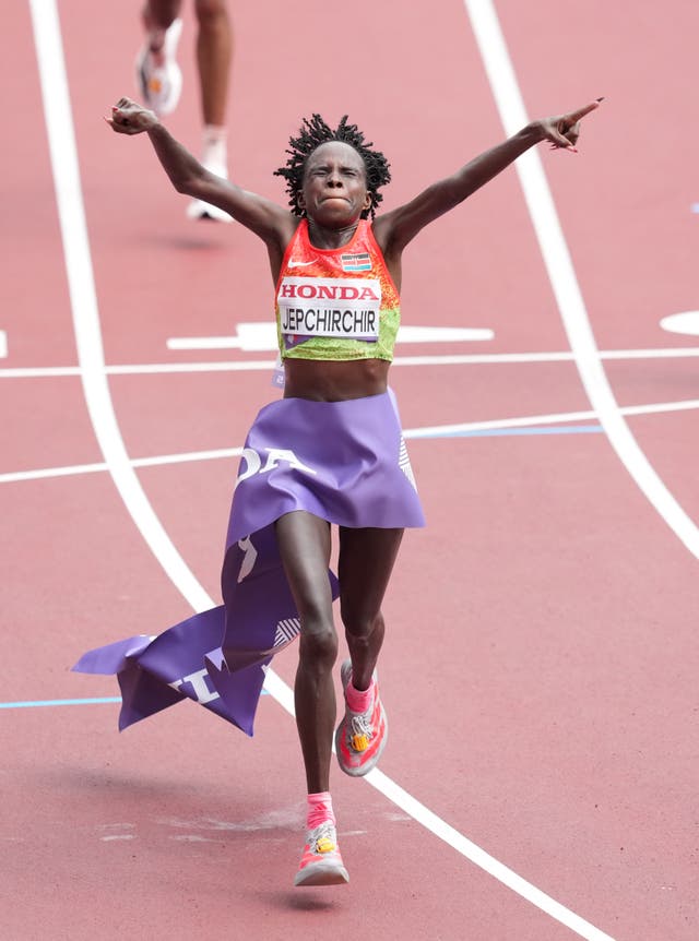 <p>Kenya's Peres Jepchirchir celebrates winning the Women's Marathon</p>