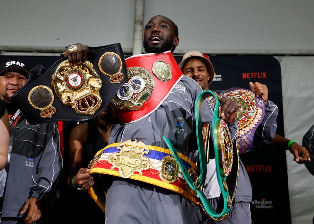 <p>Terence Crawford is seen with his belts following his undisputed super middleweight title fight where he defeated Canelo Alvarez </p>