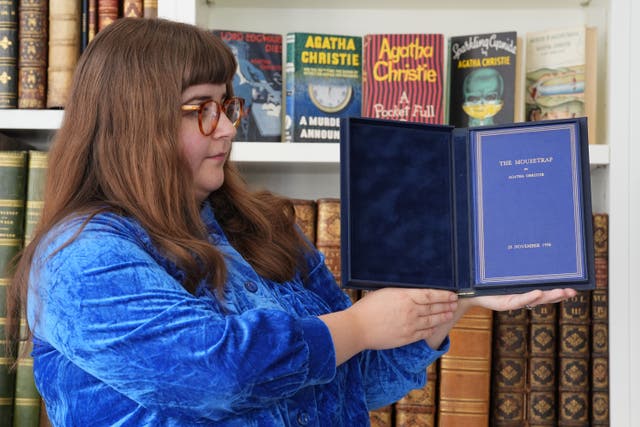 A special presentation copy of The Mousetrap signed by Agatha Christie, given to Lord Richard Attenborough as a gift in 1958, is on display at Shapero Rare Books (Lucy North/PA)