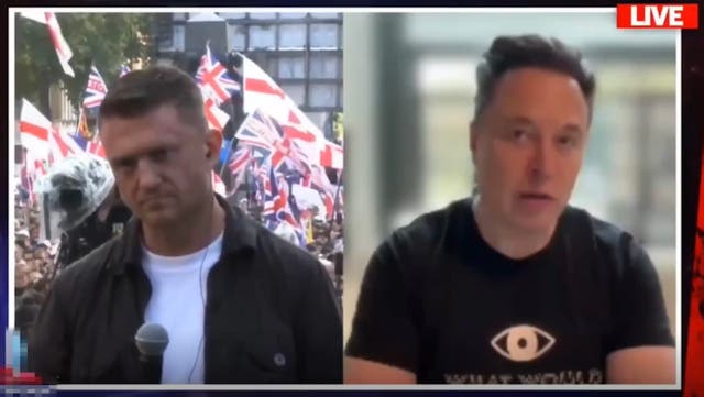 <p>Elon Musk called for the dissolution of parliament when addressing the recent Tommy Robinson march </p>