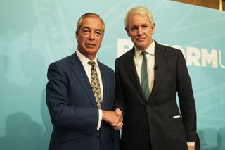 Reform British leader Nigel Farage (left), at a press conference in Westminster, fled to the British Reform former Conservative MP Danny Kruger.