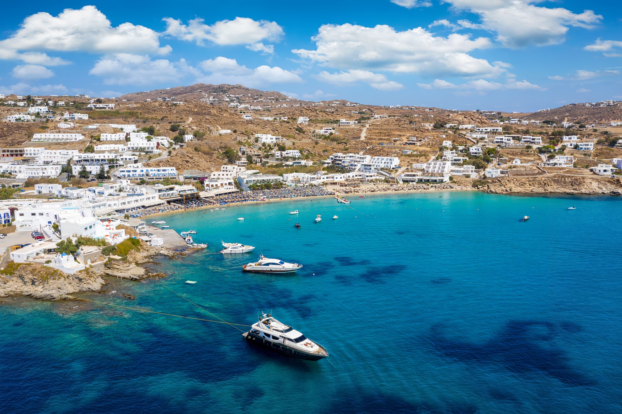 Platis Gialos beach is popular with both tourists and locals