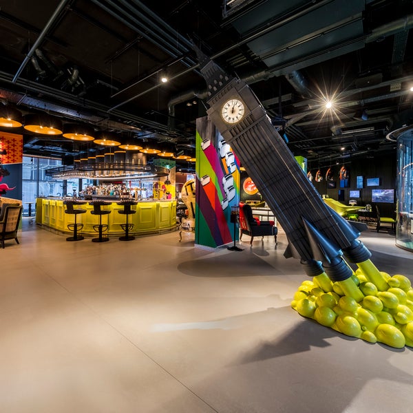 Industrial interiors are paired with bright and bold colours at nhow