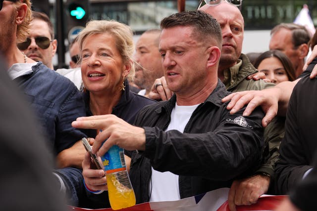 <p>Katie Hopkins and Tommy Robinson take part in the Tommy Robinson-led Unite the Kingdom march and rally in central London. Picture date: Saturday September 13, 2025.</p>