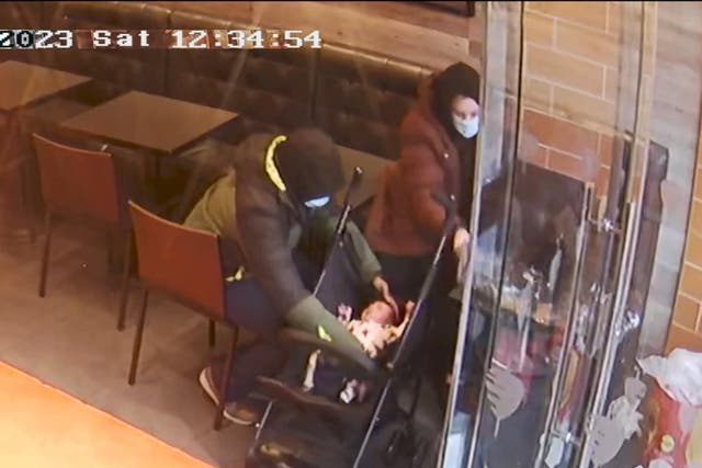 <p>CCTV footage of Constance Marten holding baby Victoria under her coat in East Ham, London</p>