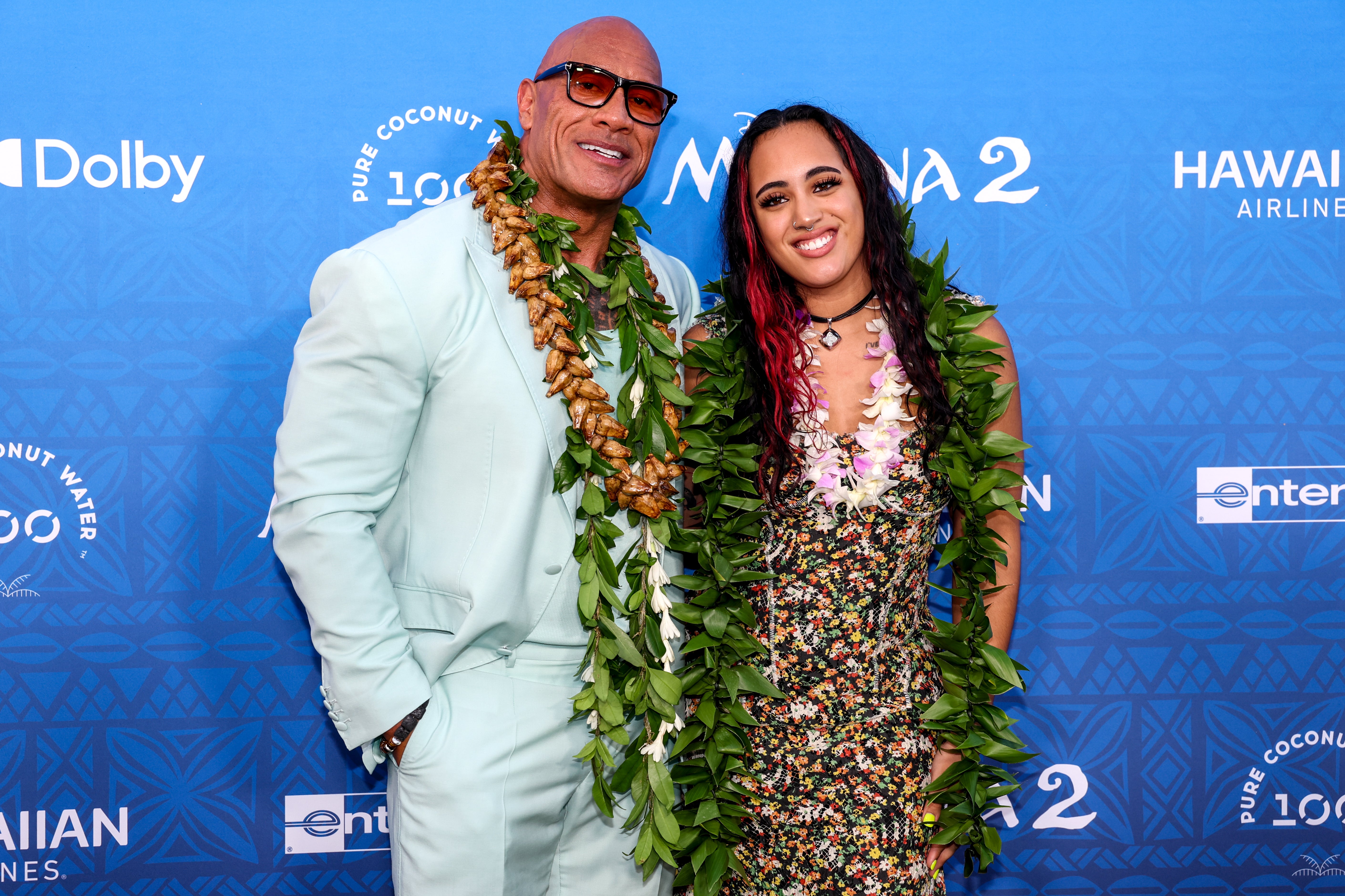 <p>Dwayne Johnson and Simone Garcia Johnson (Ava Raine) attend the world premiere of 'Moana 2' at Lanikuhonua Cultural Institute on November 21</p>