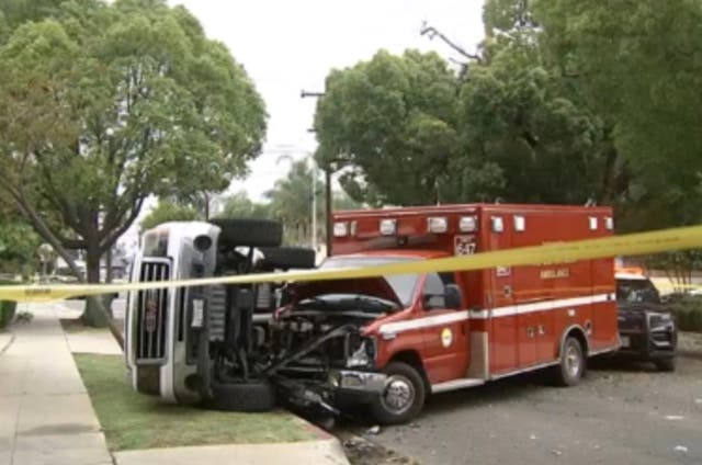 <p>A man has been arrested after stealing an ambulance while police were investigating a fatal stabbing near a California high school</p>