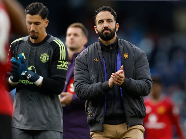 <p>Manchester United manager Ruben Amorim looks dejected after the Manchester derby </p>