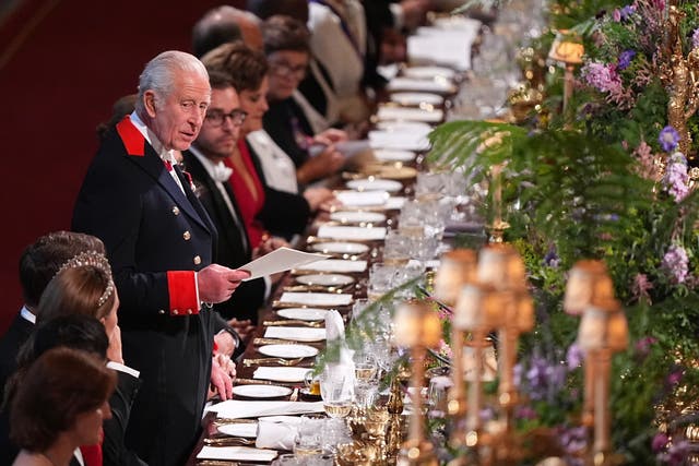 <p>The King speaking at the state banquet for French President Emmanuel Macron</p>