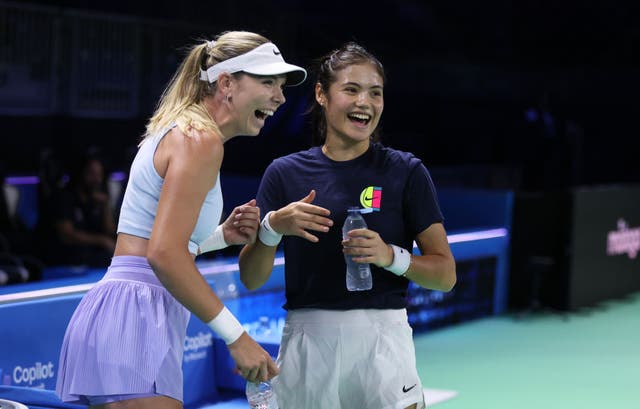 <p>Raducanu with Katie Boulter during last year’s Billie Jean King Cup Finals in Malaga </p>