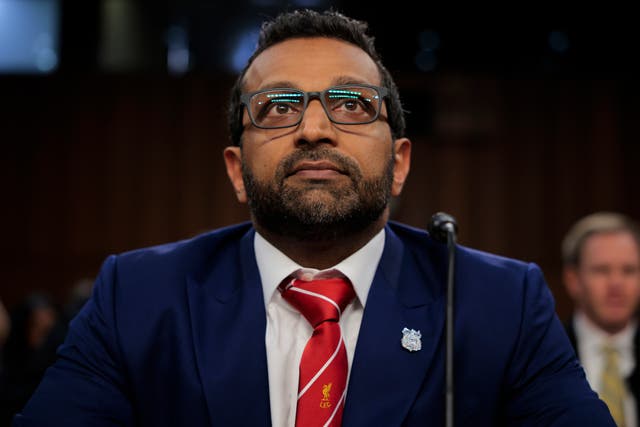 <p>Kash Patel wore a Liverpool FC tie during a Senate hearing last year</p>