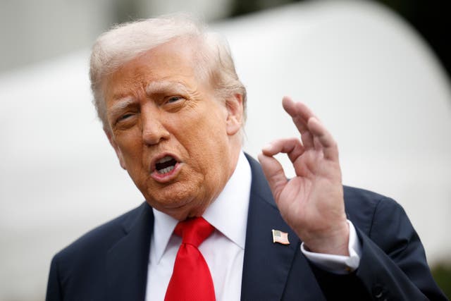 <p>US President Donald Trump speaks to members of the media as he departs the White House en route to London on September 16, 2025 in Washington, DC</p>